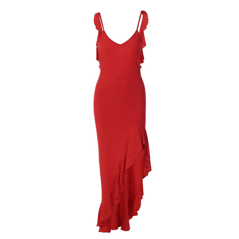 Frilly Dress With Irregular Halter - ANIBEY