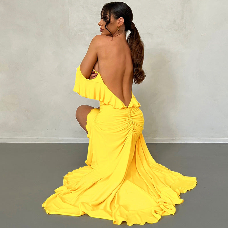 Frilly Dress With Irregular Halter - ANIBEY