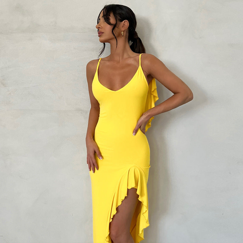 Frilly Dress With Irregular Halter - ANIBEY