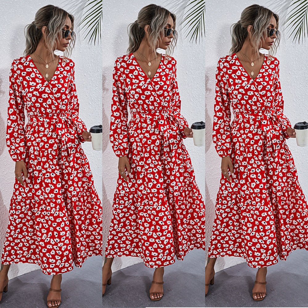 Printed V-Neck Lace-Up Lantern Sleeve Dress - ANIBEY
