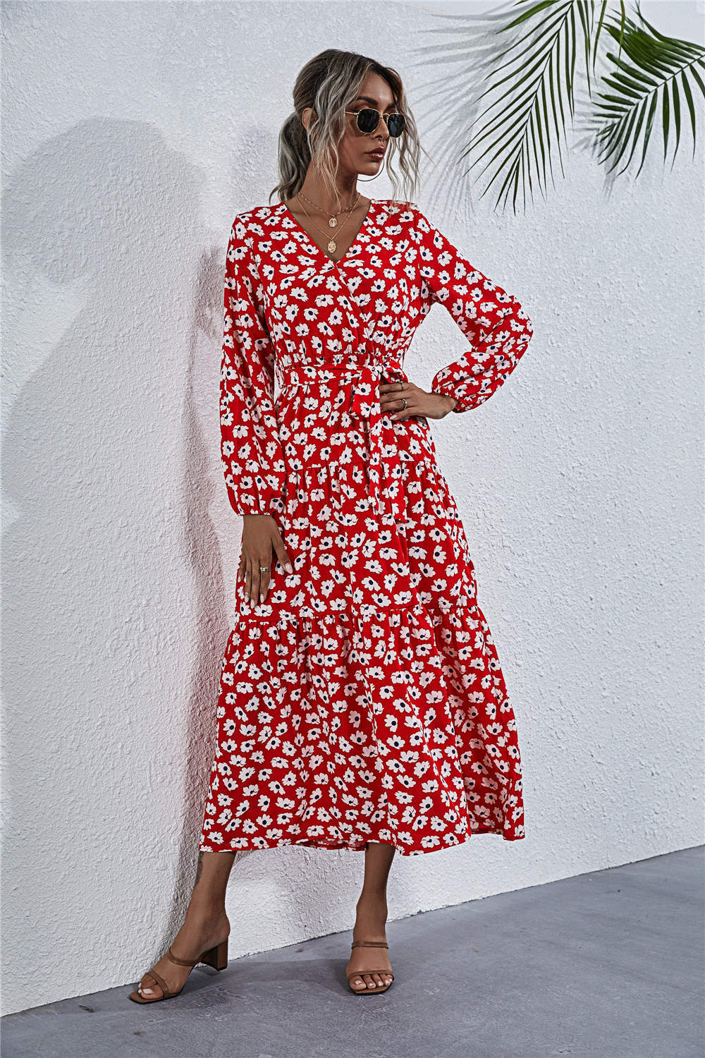 Printed V-Neck Lace-Up Lantern Sleeve Dress - ANIBEY