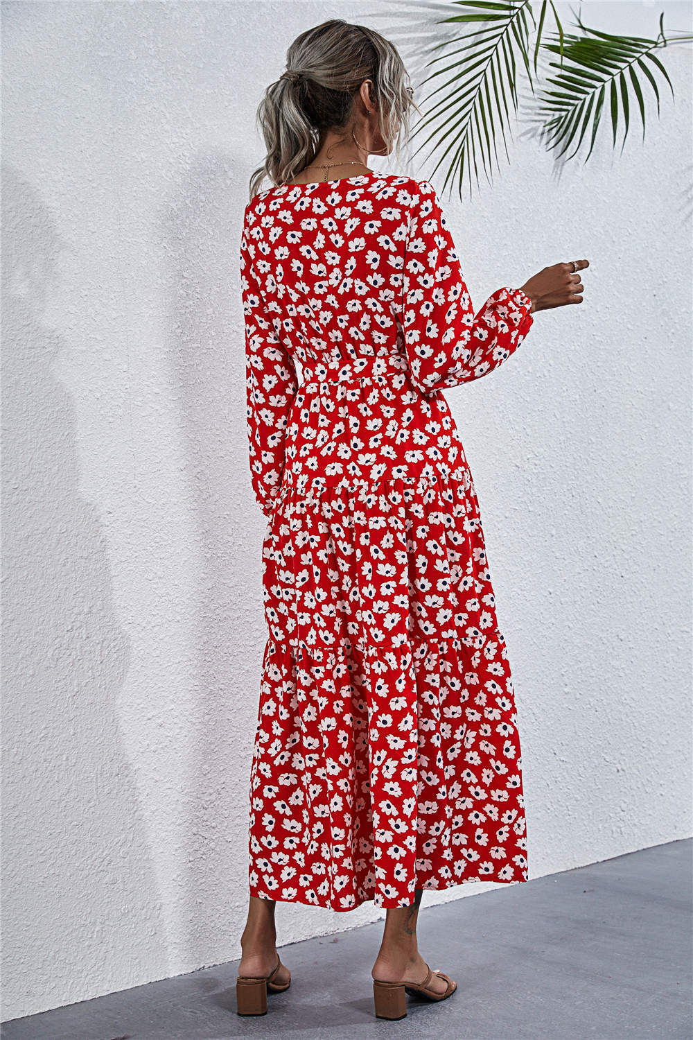 Printed V-Neck Lace-Up Lantern Sleeve Dress - ANIBEY