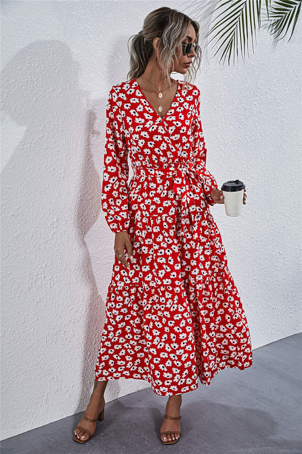 Printed V-Neck Lace-Up Lantern Sleeve Dress - ANIBEY