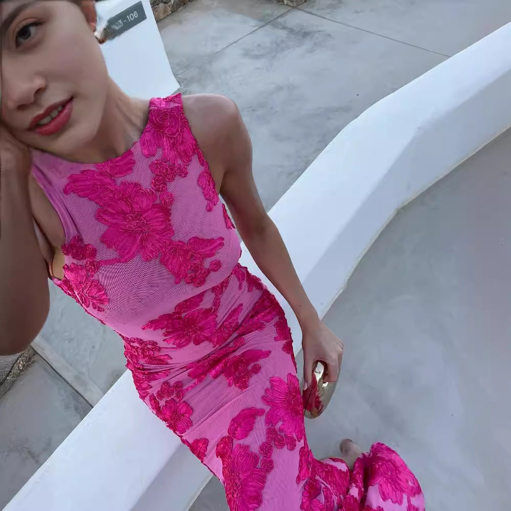Mesh Three-dimensional Plate Flower Sexy Sheath Dress - ANIBEY