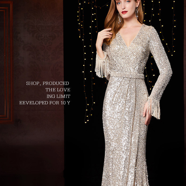 Temperament Banquet Ladies Sequined Annual Meeting Host Long Evening Dress - ANIBEY