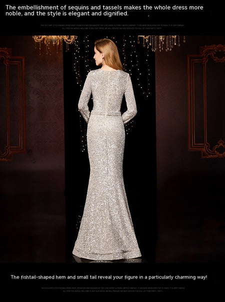 Temperament Banquet Ladies Sequined Annual Meeting Host Long Evening Dress - ANIBEY