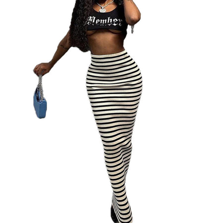 High-waisted Black And White Striped Straight Skirt Fashion All-in-one Casual Dress - ANIBEY