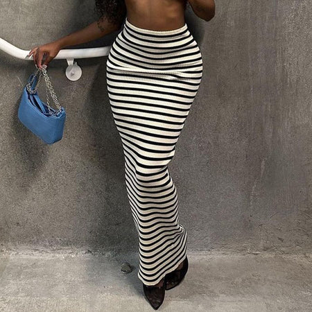 High-waisted Black And White Striped Straight Skirt Fashion All-in-one Casual Dress - ANIBEY