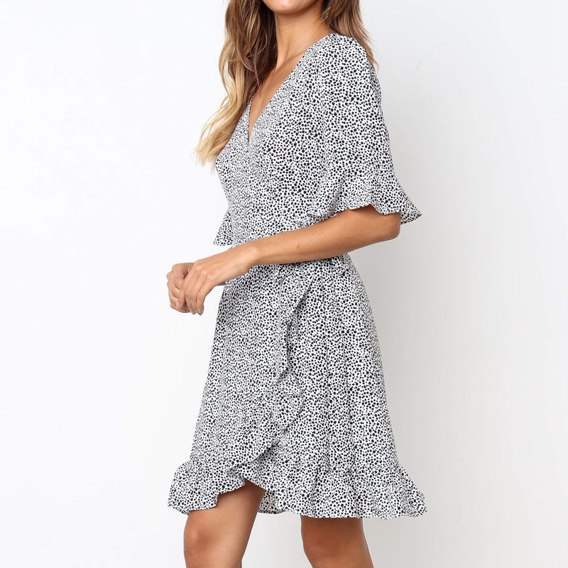 V-neck Floral Print Short Sleeve Women Dress - ANIBEY