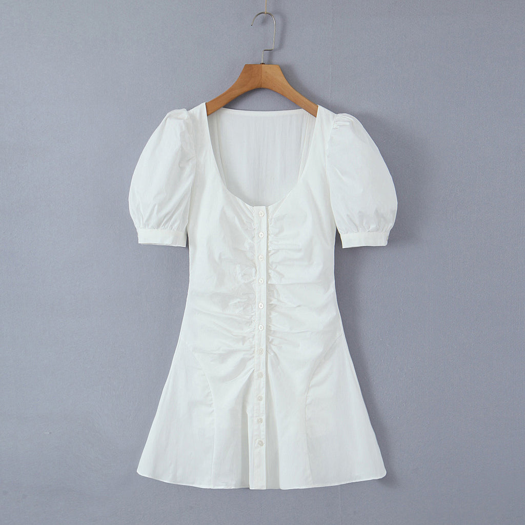 French Retro Square Collar Single Breasted Puff Short Sleeve Dress - ANIBEY