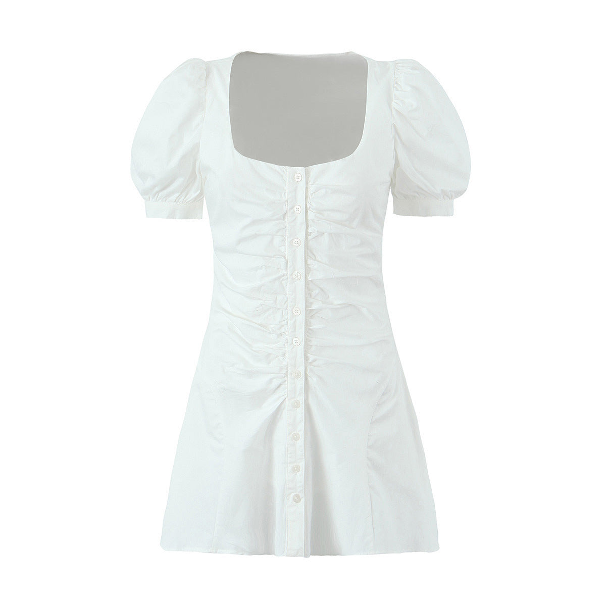 French Retro Square Collar Single Breasted Puff Short Sleeve Dress - ANIBEY