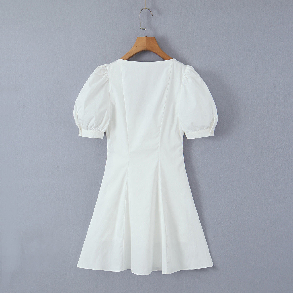 French Retro Square Collar Single Breasted Puff Short Sleeve Dress - ANIBEY