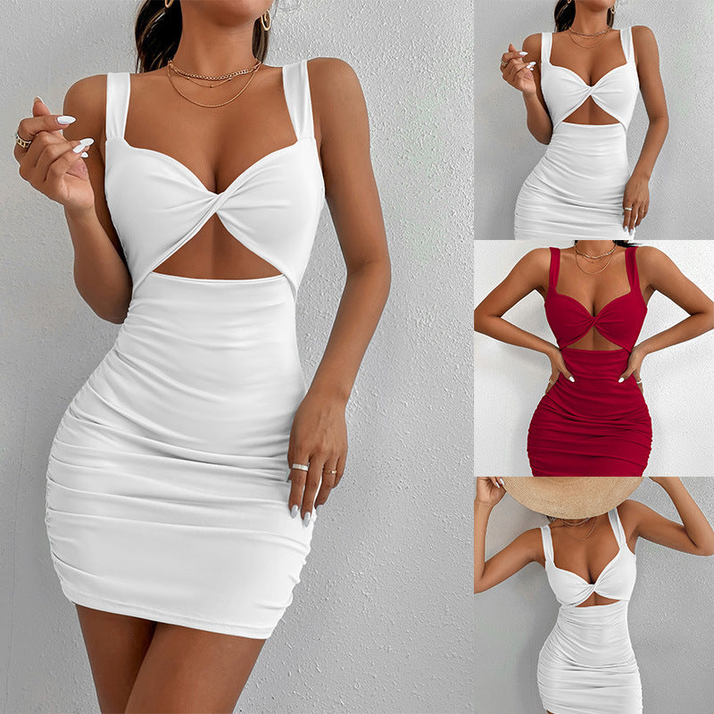 Solid Color New Dress Square Neck Sleeveless High Waist Short Section Intellectual Wind Package Hip Dress - ANIBEY