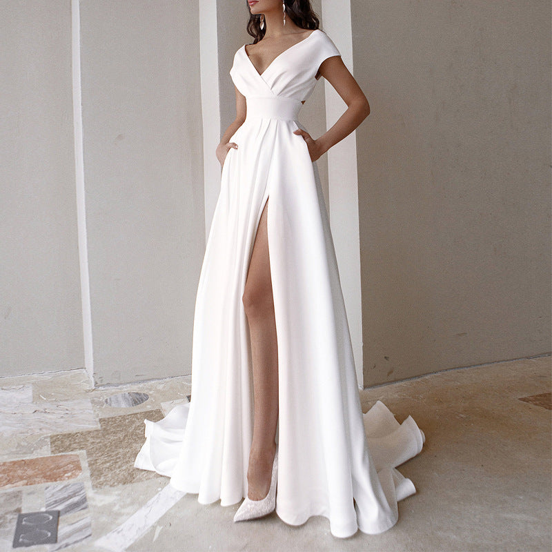Women's Off-Shoulder Thigh Slit Solid Color Floor Long Dress - ANIBEY