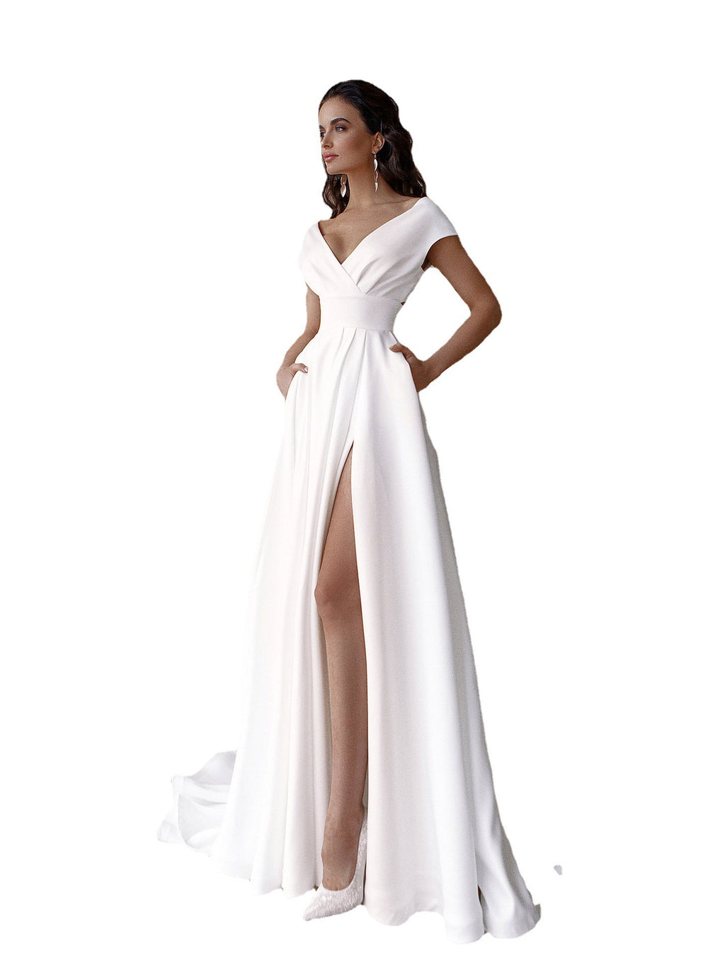 Women's Off-Shoulder Thigh Slit Solid Color Floor Long Dress - ANIBEY