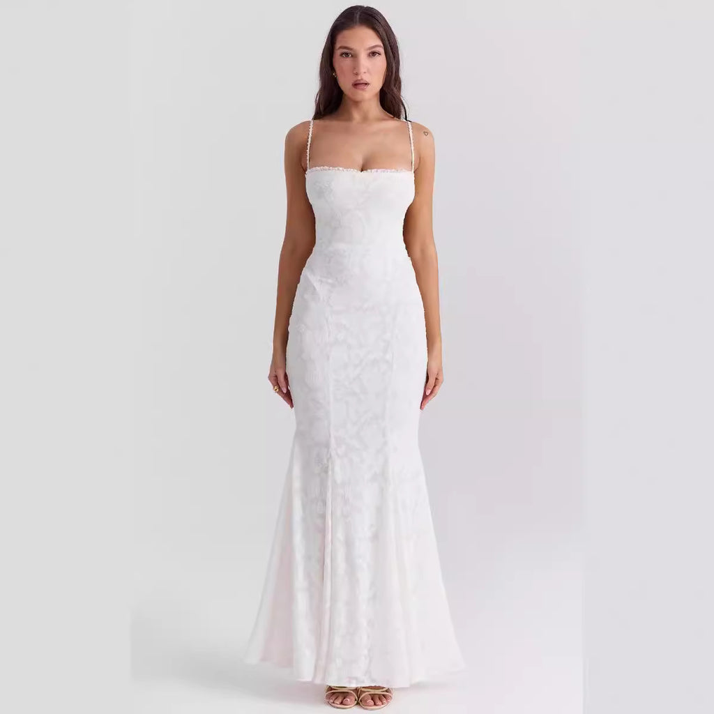 Women's Solid Color Sleeveless Sling Square Collar Backless Dress - ANIBEY