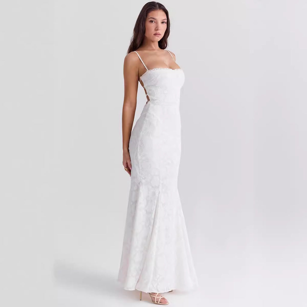 Women's Solid Color Sleeveless Sling Square Collar Backless Dress - ANIBEY