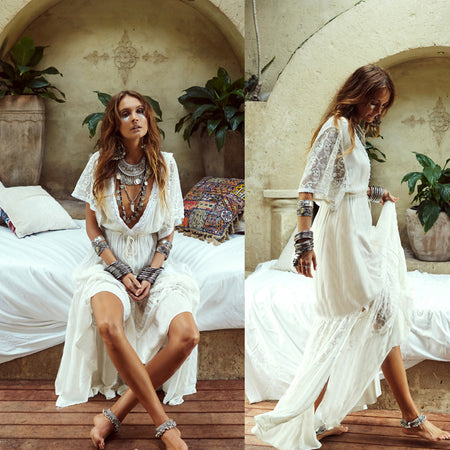 new people cotton lace beach sunscreen clothes bikini jacket swimsuit take a loose holiday dress - ANIBEY