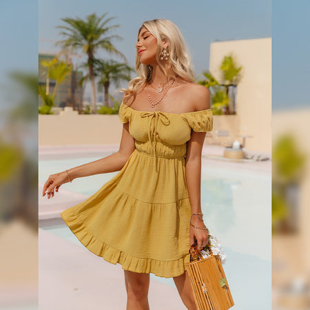 Square Collar Waistband A-line Skirt European And American Vacation Leisure Off-the-shoulder Dress Yellow Cotton - ANIBEY