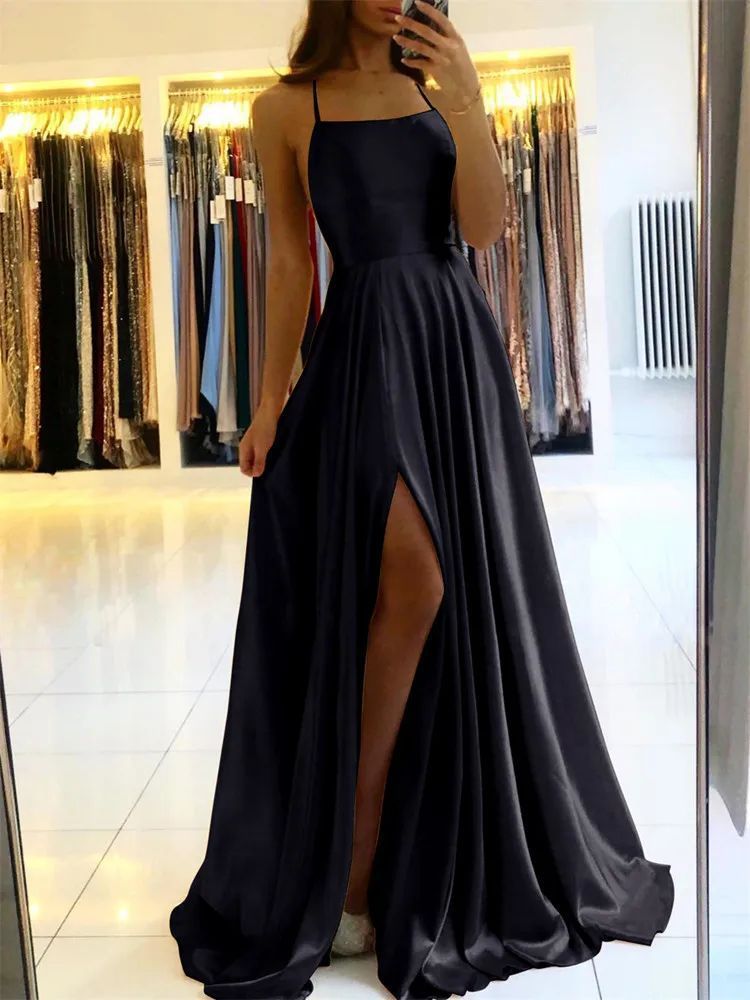 Elegant Women Maxi Beach Satin Dress Leg Slit Lace Up - ANIBEY