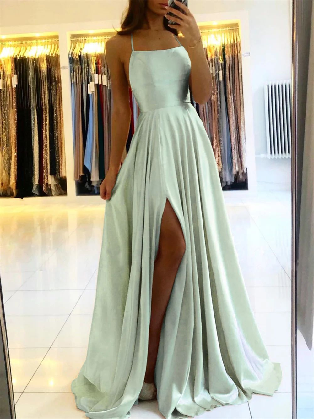 Elegant Women Maxi Beach Satin Dress Leg Slit Lace Up - ANIBEY