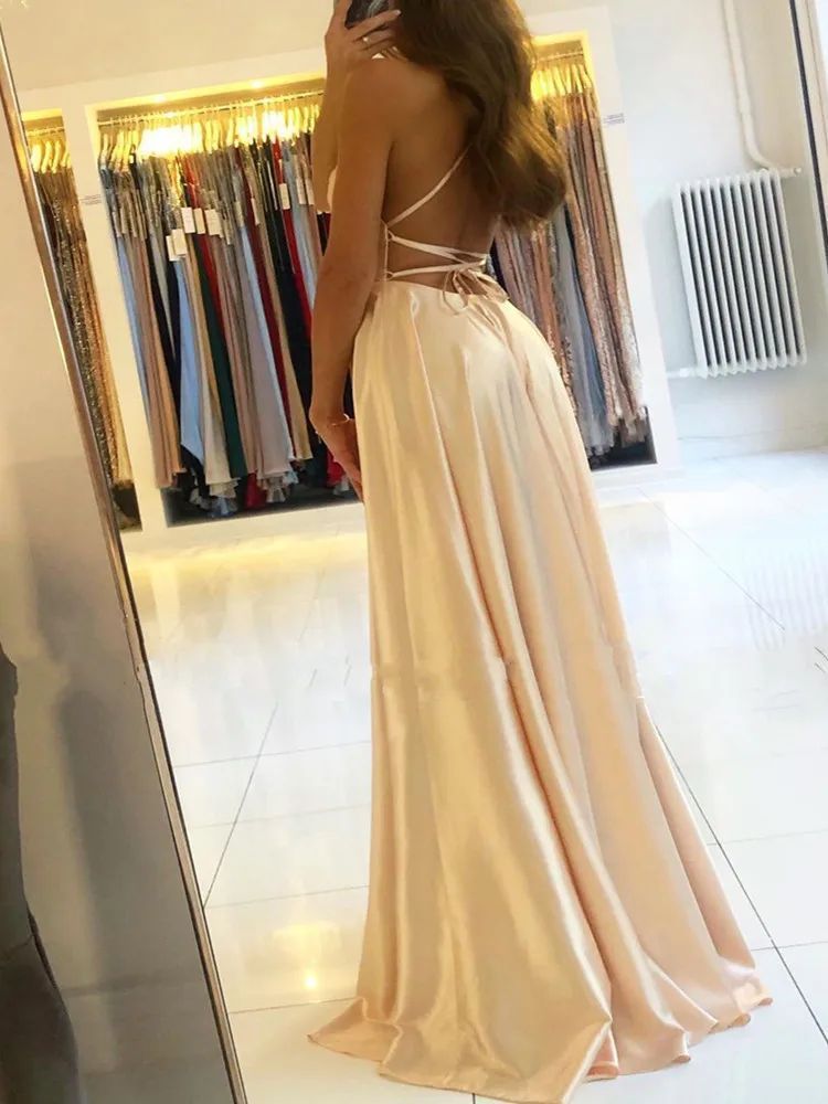 Elegant Women Maxi Beach Satin Dress Leg Slit Lace Up - ANIBEY