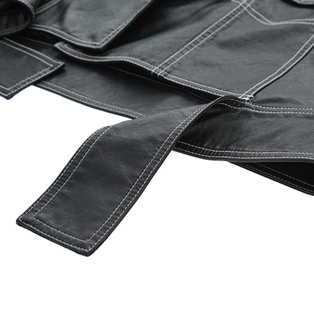 Lapel Topstitched Decorative Pu Motorcycle Jacket Women's Leather Jacket - ANIBEY