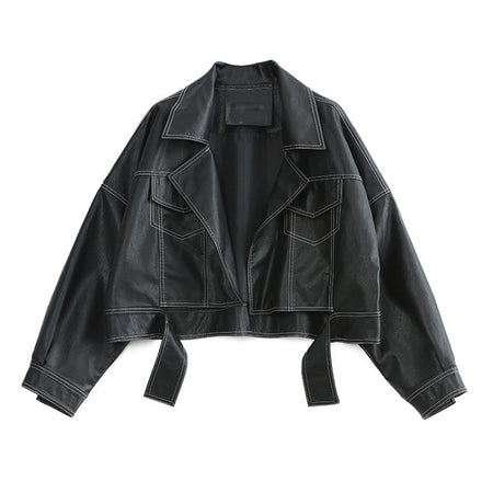 Lapel Topstitched Decorative Pu Motorcycle Jacket Women's Leather Jacket - ANIBEY