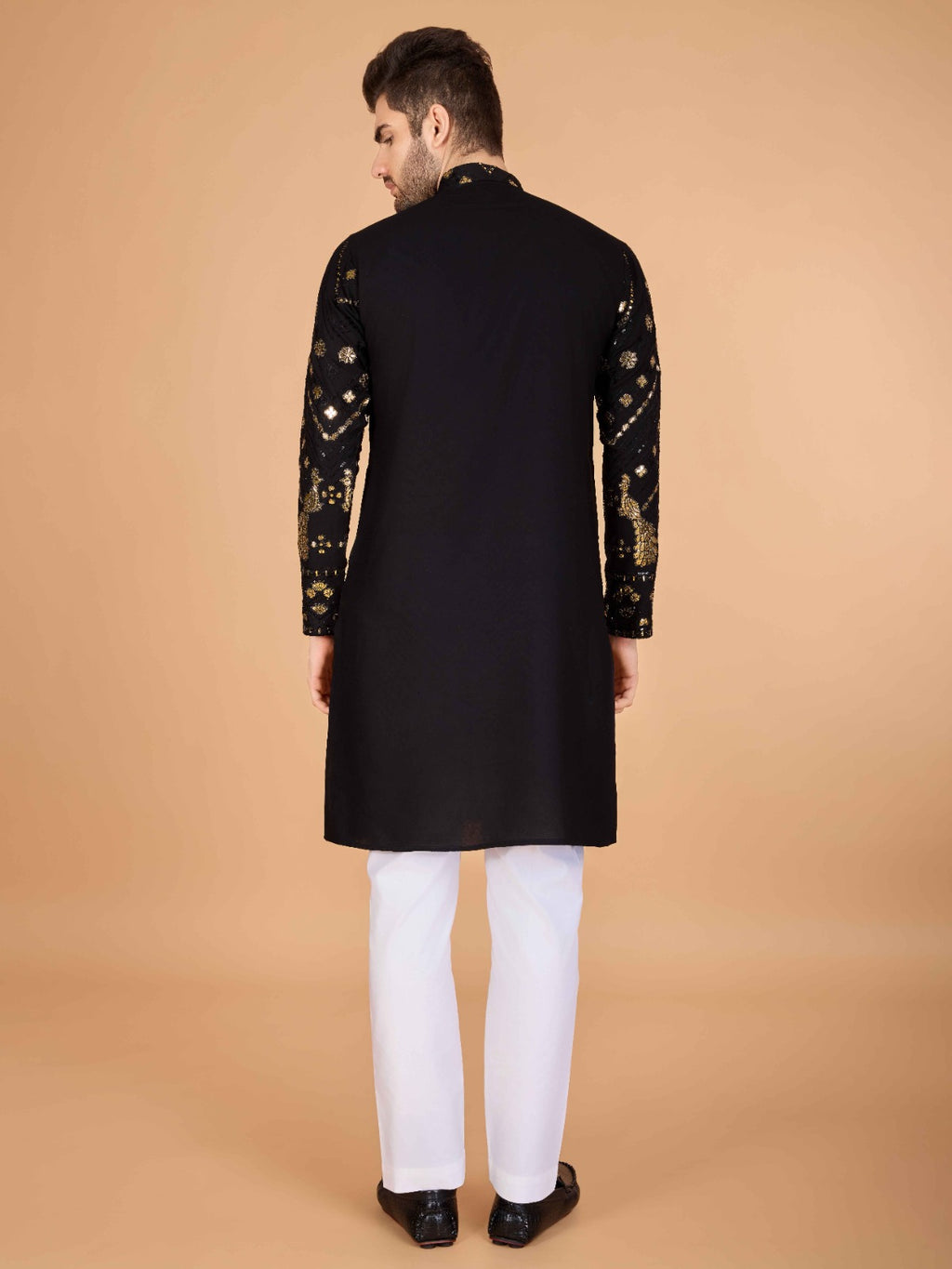 Black flora-fauna threadwork kurta with detailed leather - ANIBEY