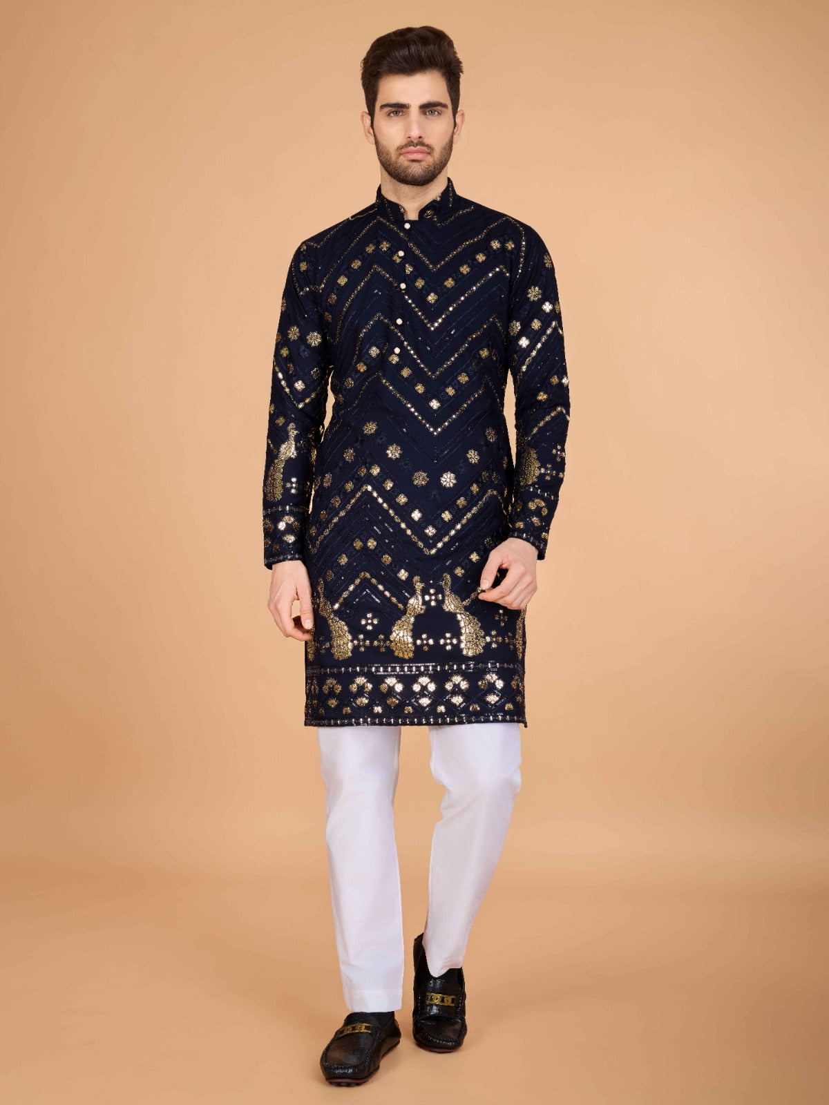Black flora-fauna threadwork kurta with detailed leather - ANIBEY
