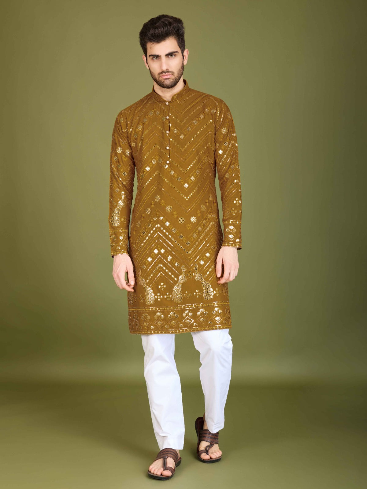 Black flora-fauna threadwork kurta with detailed leather - ANIBEY