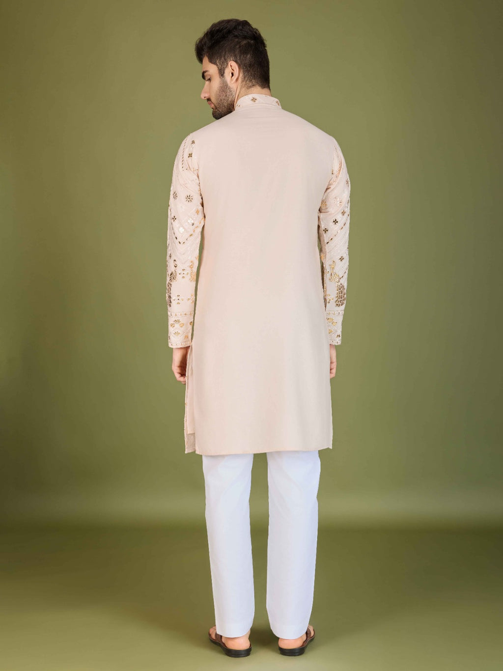 Black flora-fauna threadwork kurta with detailed leather - ANIBEY