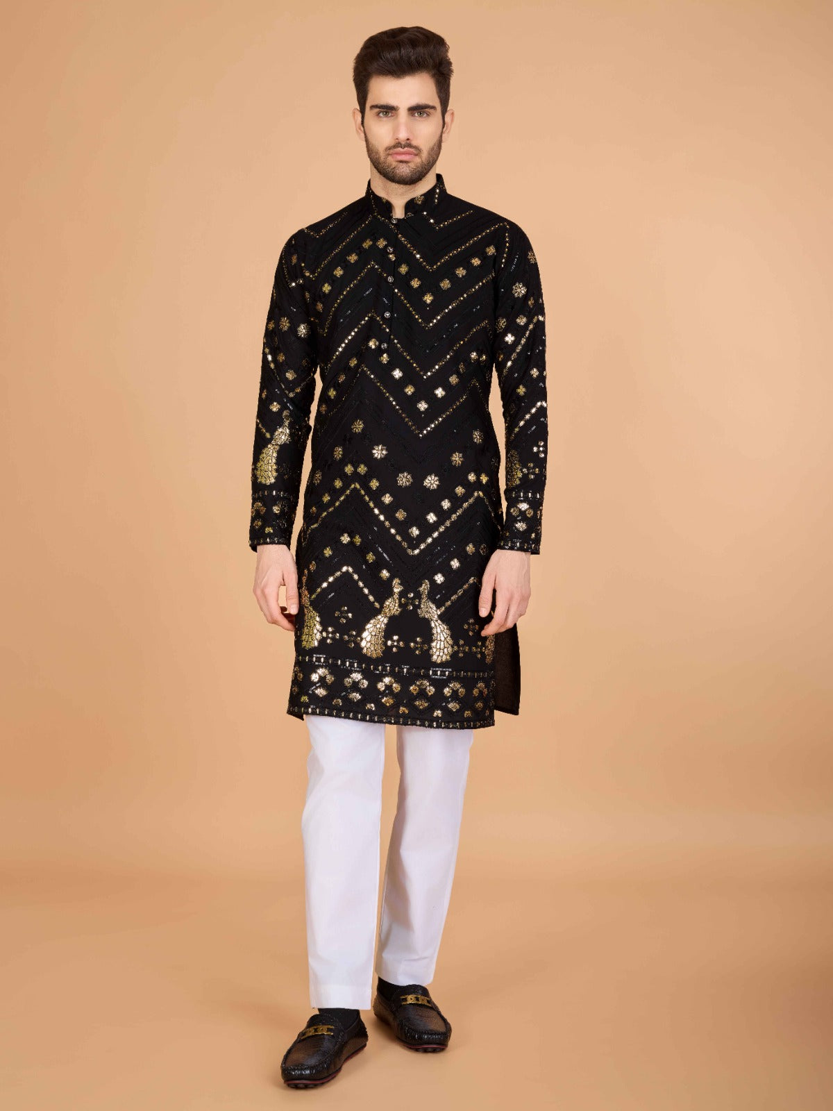 Black flora-fauna threadwork kurta with detailed leather - ANIBEY