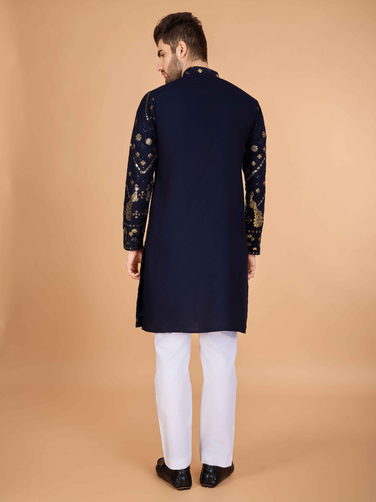 Black flora-fauna threadwork kurta with detailed leather - ANIBEY