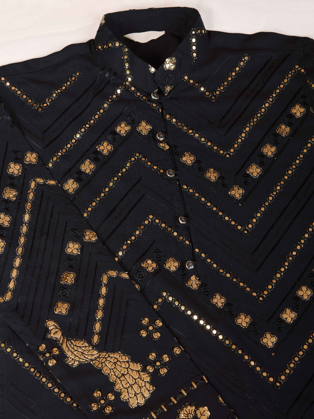 Black flora-fauna threadwork kurta with detailed leather - ANIBEY