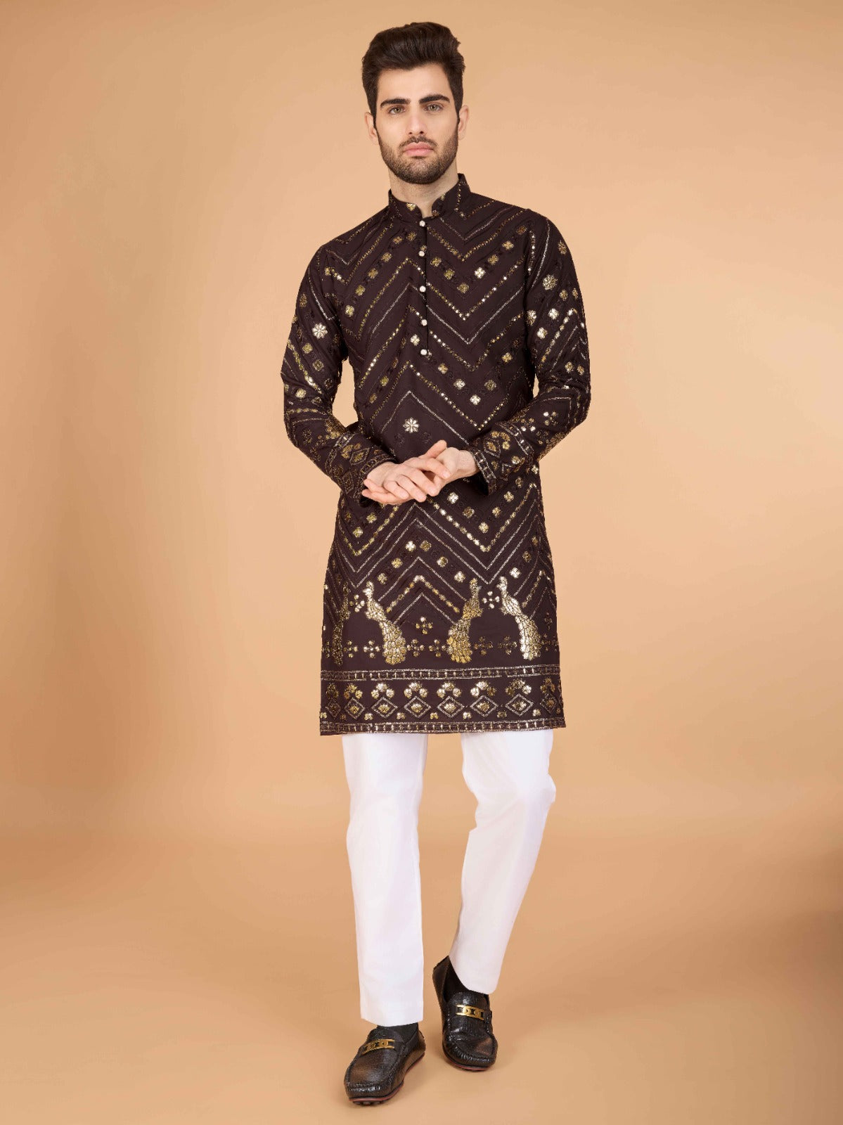 Black flora-fauna threadwork kurta with detailed leather - ANIBEY