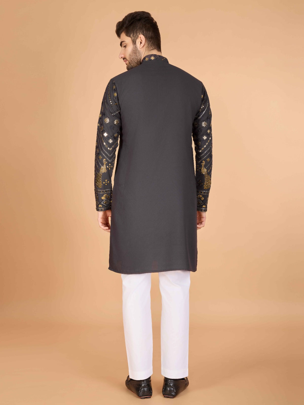 Black flora-fauna threadwork kurta with detailed leather - ANIBEY