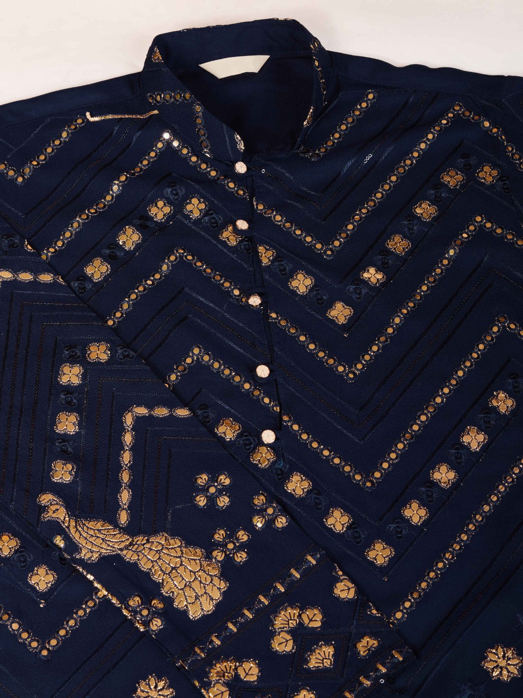 Black flora-fauna threadwork kurta with detailed leather - ANIBEY