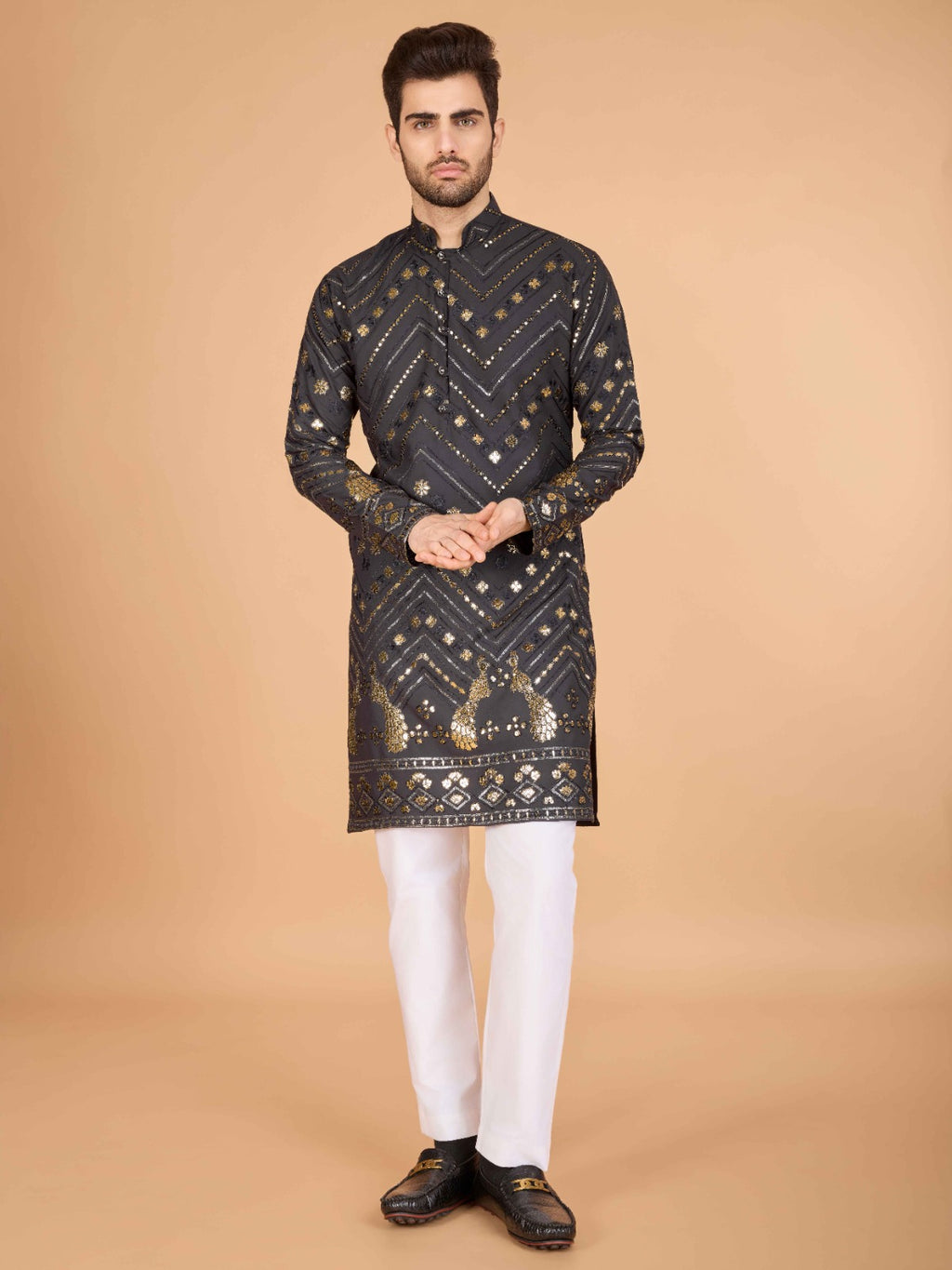 Black flora-fauna threadwork kurta with detailed leather - ANIBEY