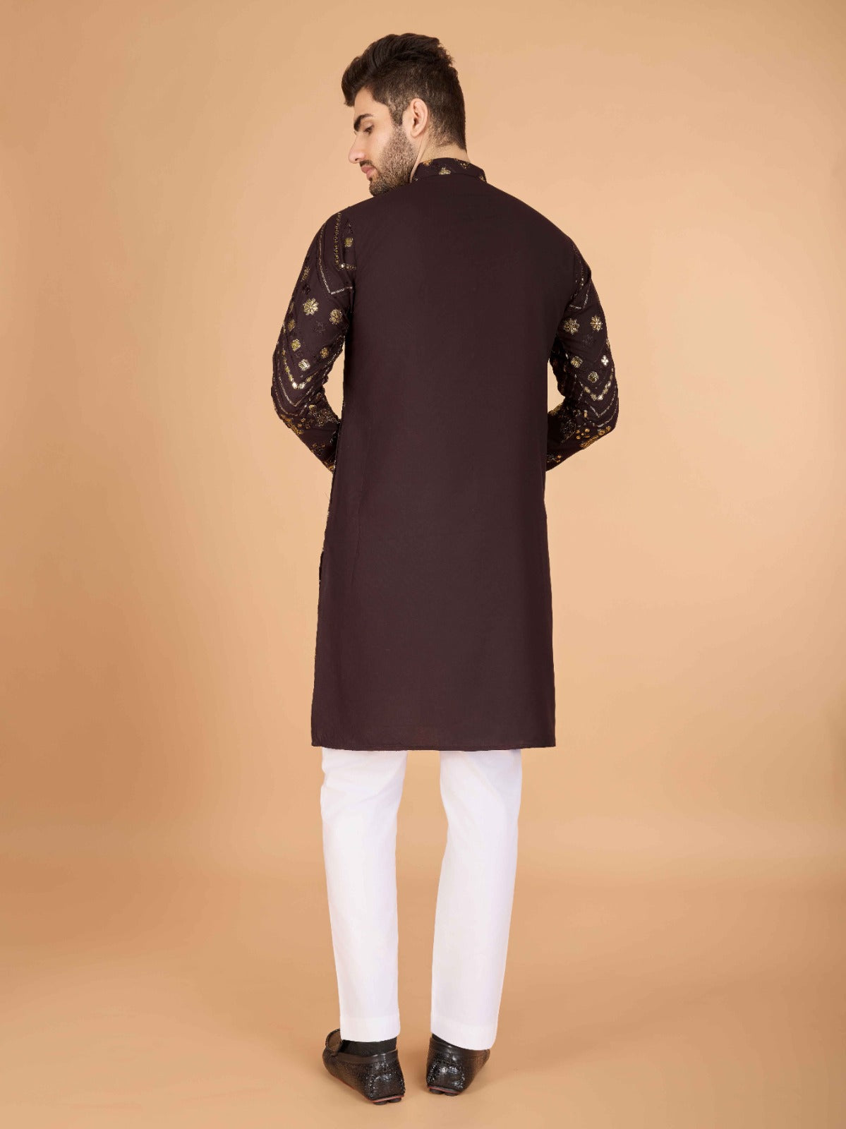 Black flora-fauna threadwork kurta with detailed leather - ANIBEY