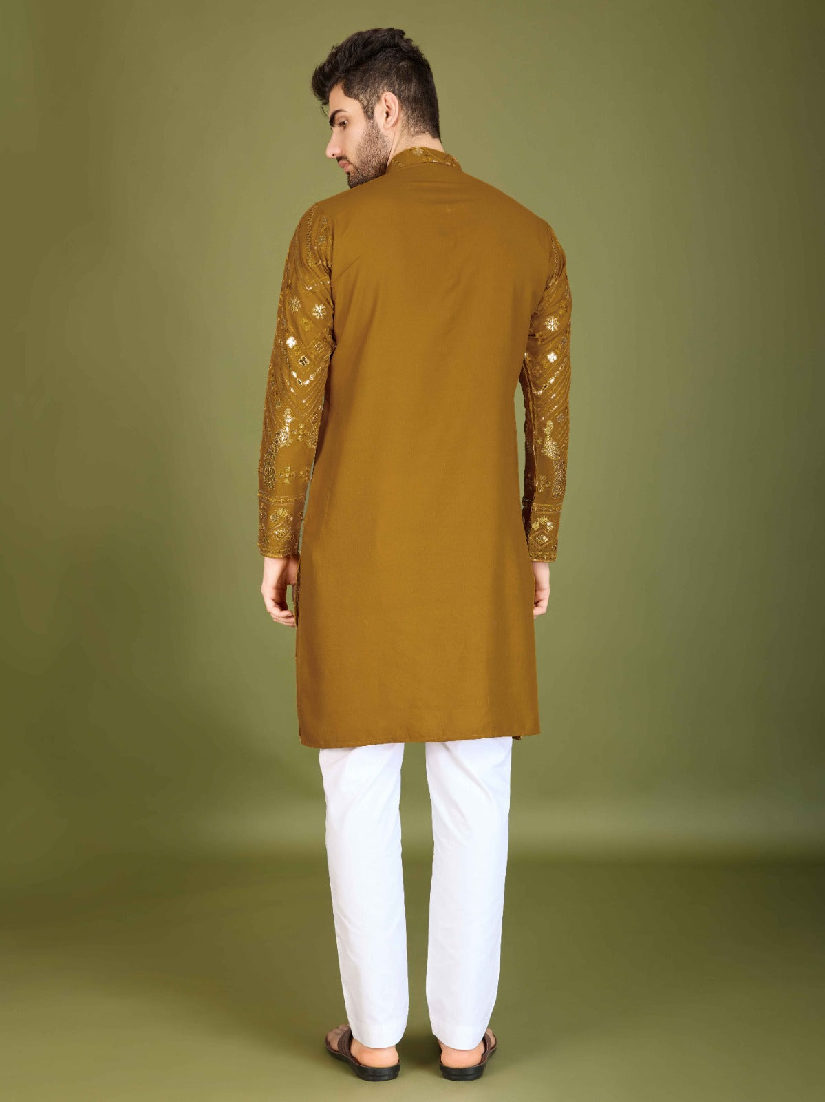 Black flora-fauna threadwork kurta with detailed leather - ANIBEY
