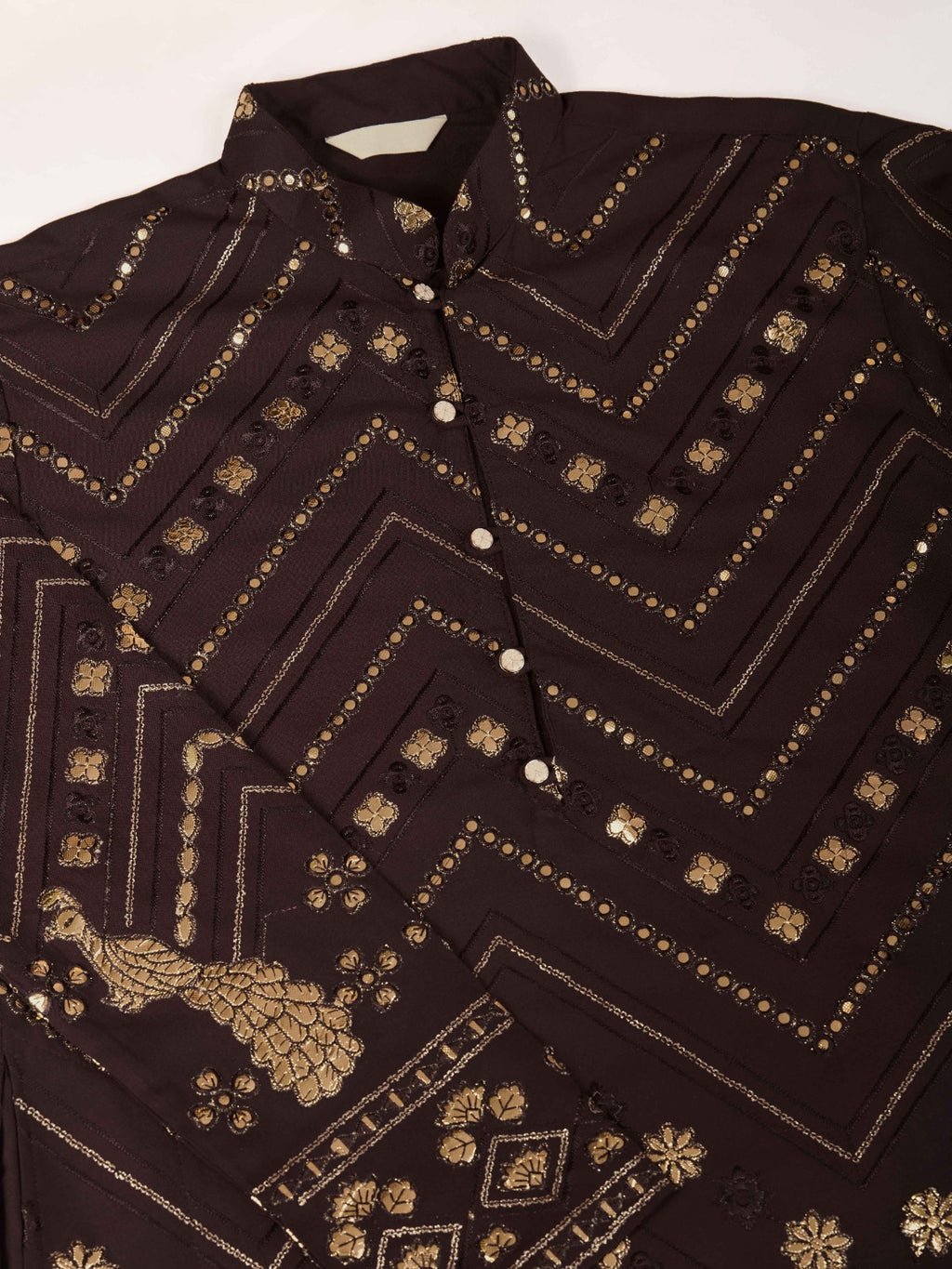 Black flora-fauna threadwork kurta with detailed leather - ANIBEY