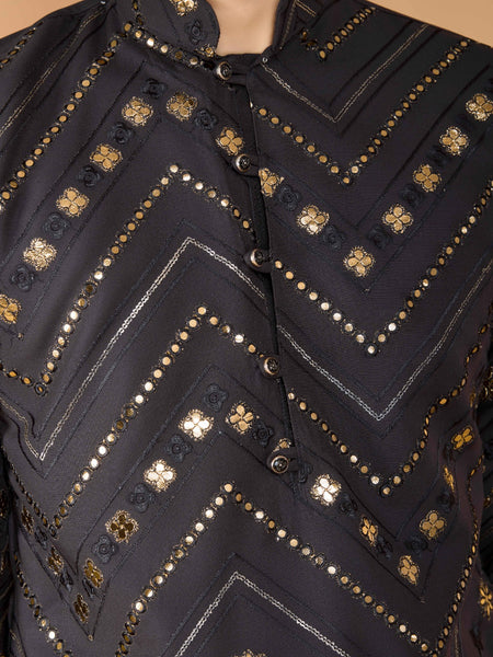 Black flora-fauna threadwork kurta with detailed leather - ANIBEY