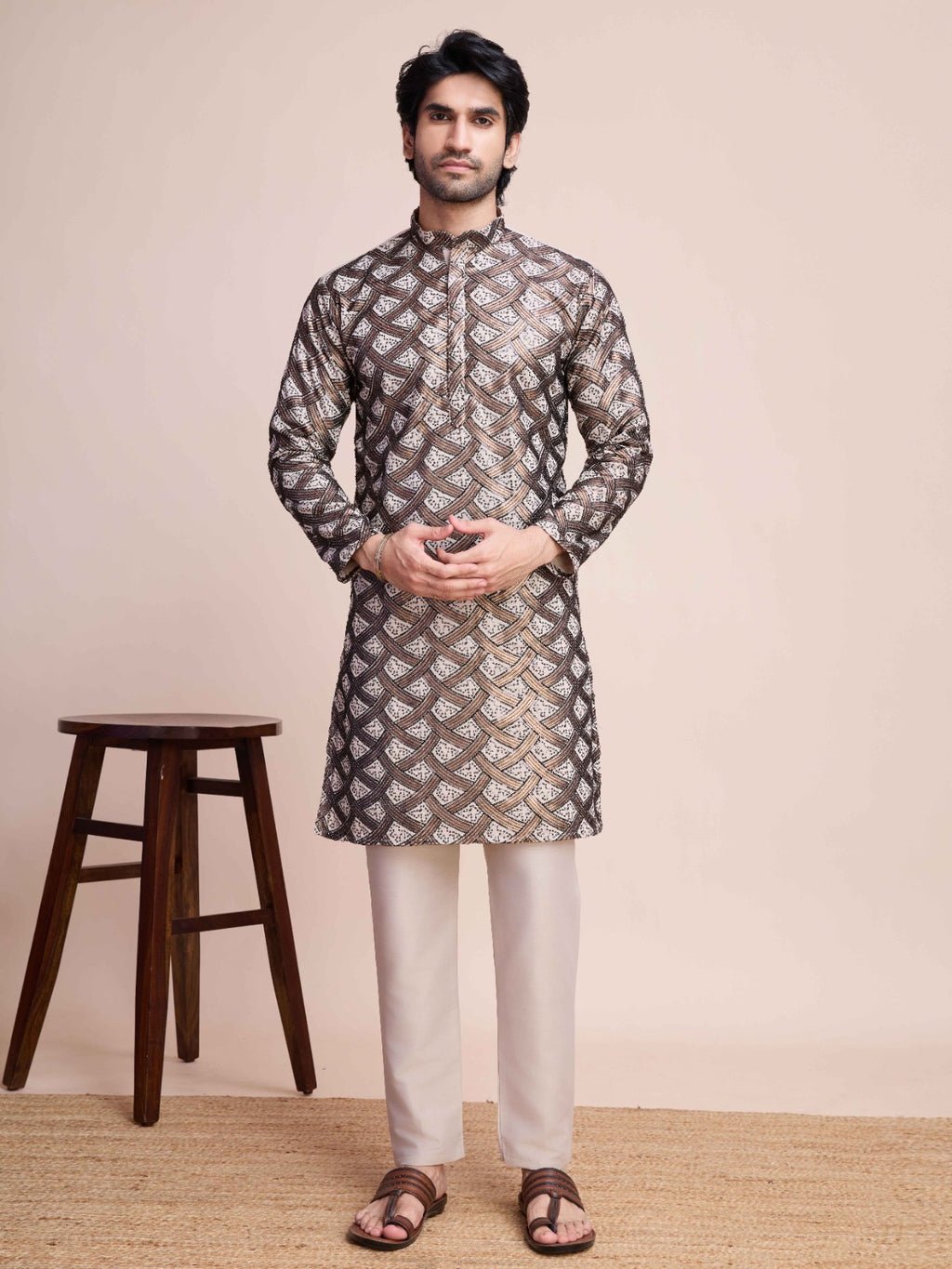 Mustard color pure silk mirror work kurta - Rawayi - ANIBEY