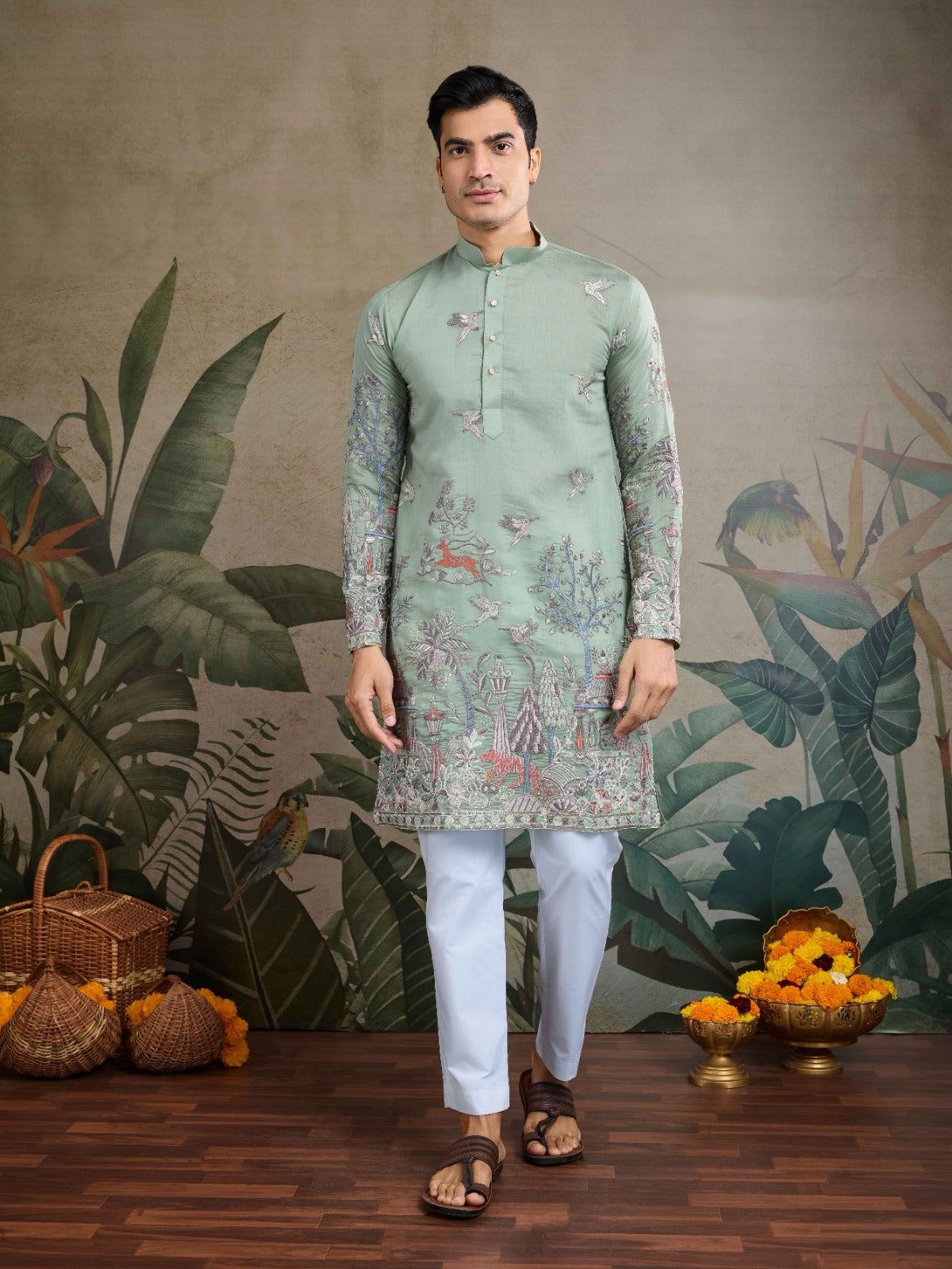 Designer Peach Viscose Silk fancy kurtas for men
