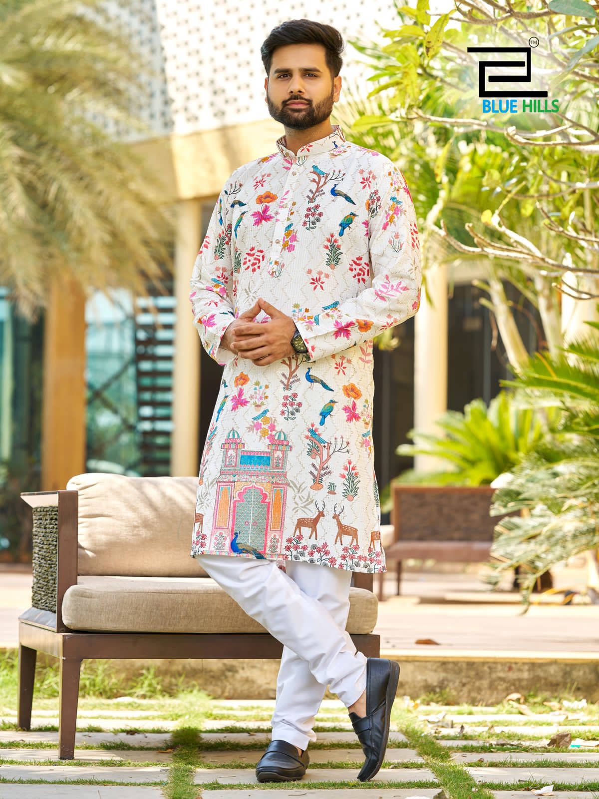 Blue Hills Paarv Rayon Embroidered Mens Kurta With - ANIBEY