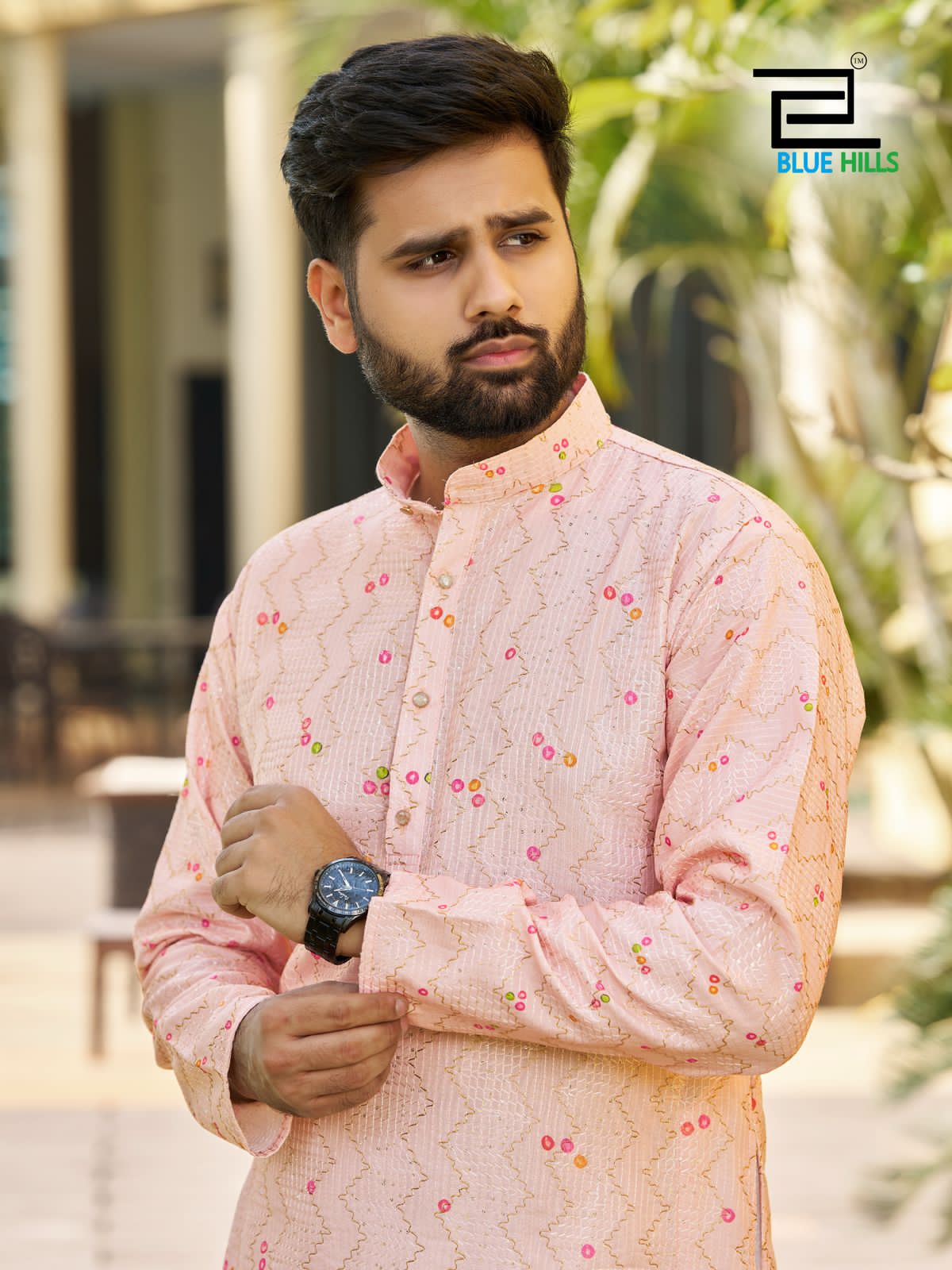 Blue Hills Paarv Rayon Embroidered Mens Kurta With - ANIBEY