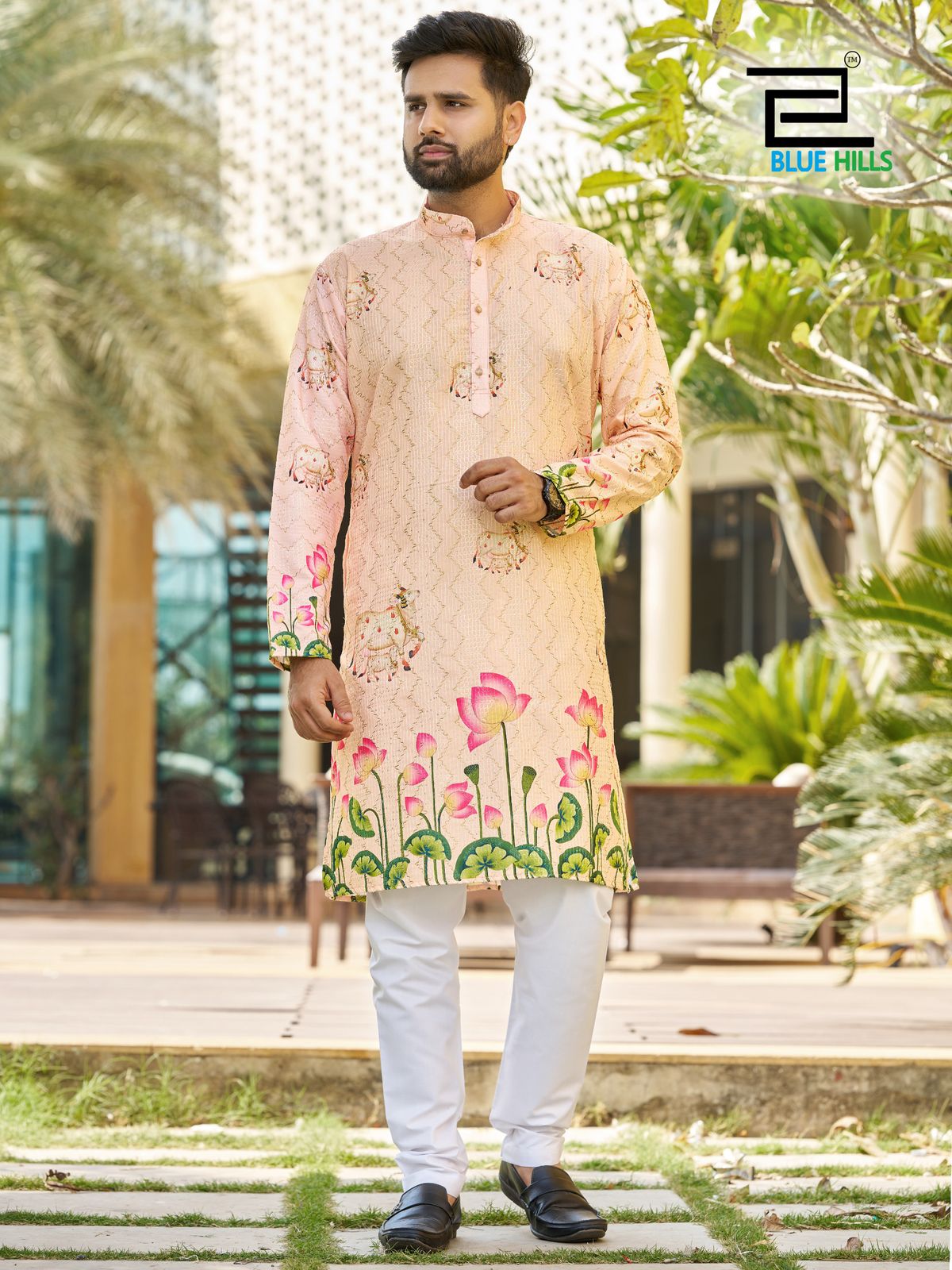 Blue Hills Paarv Rayon Embroidered Mens Kurta With - ANIBEY