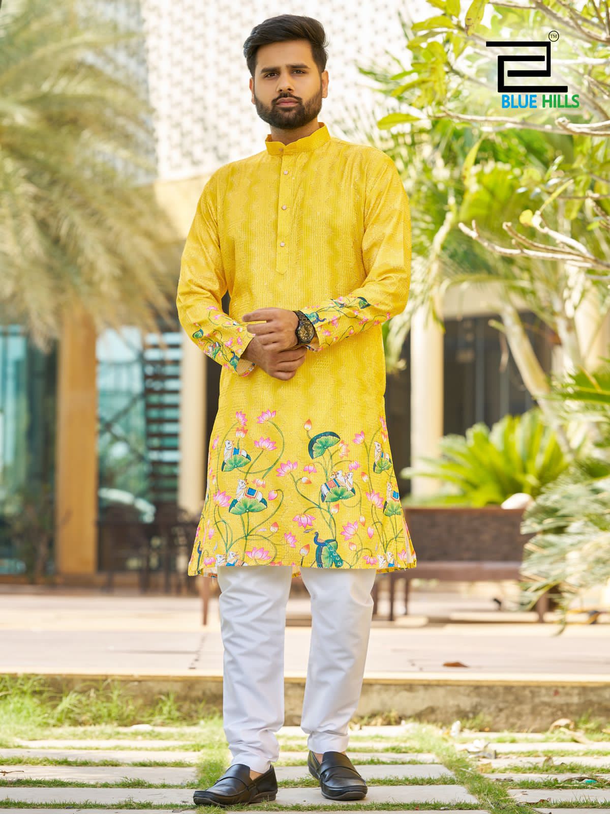 Blue Hills Paarv Rayon Embroidered Mens Kurta With - ANIBEY