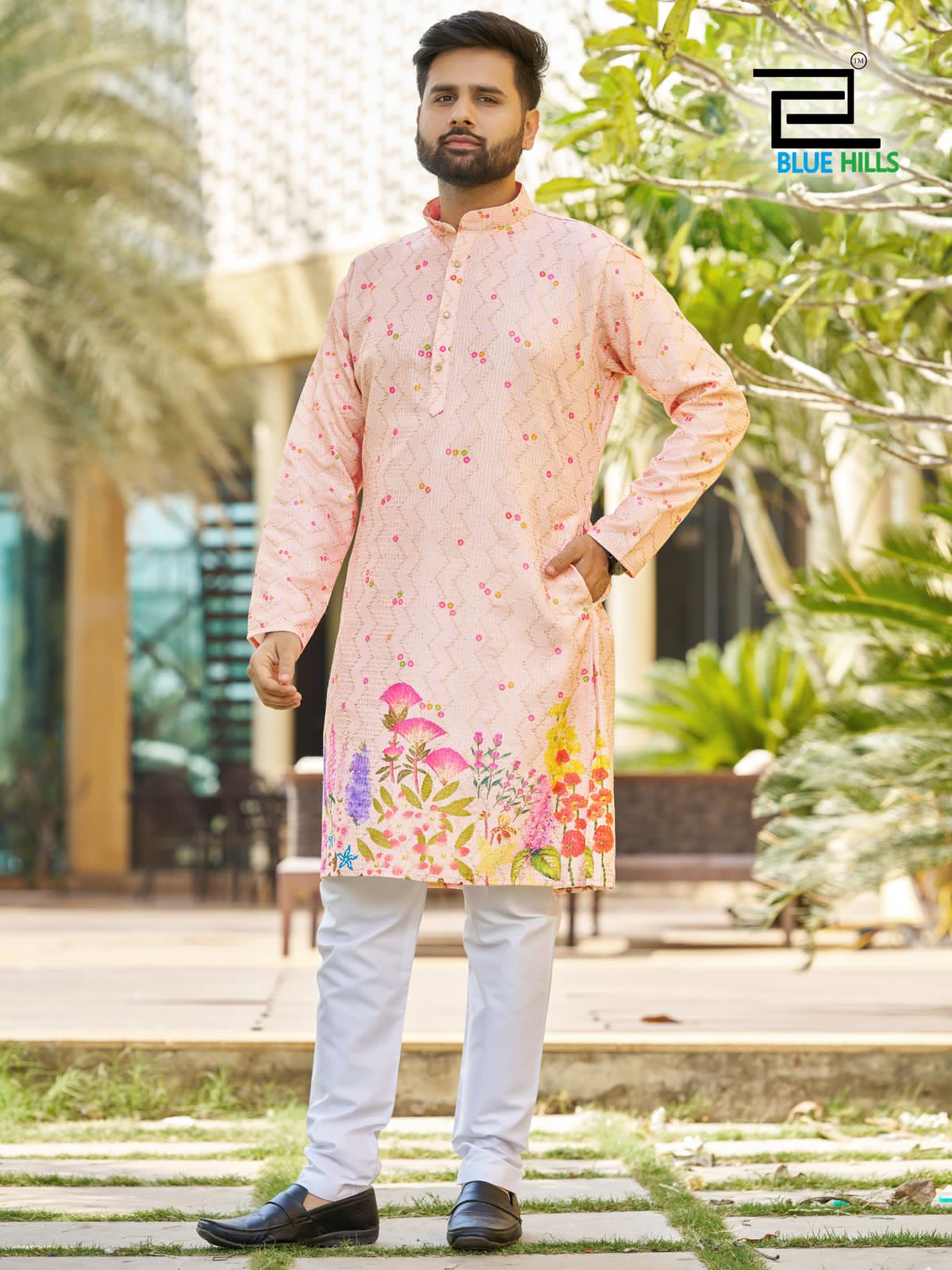Blue Hills Paarv Rayon Embroidered Mens Kurta With - ANIBEY